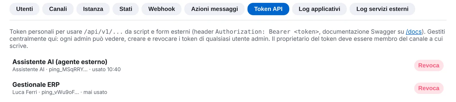 Token API gestiti dall'amministratore: Assistente AI e Gestionale ERP, con l'ultimo utilizzo.