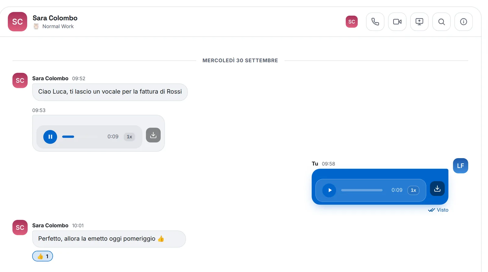 Conversazione con Sara: un vocale ricevuto in riproduzione, uno inviato, la risposta scritta.