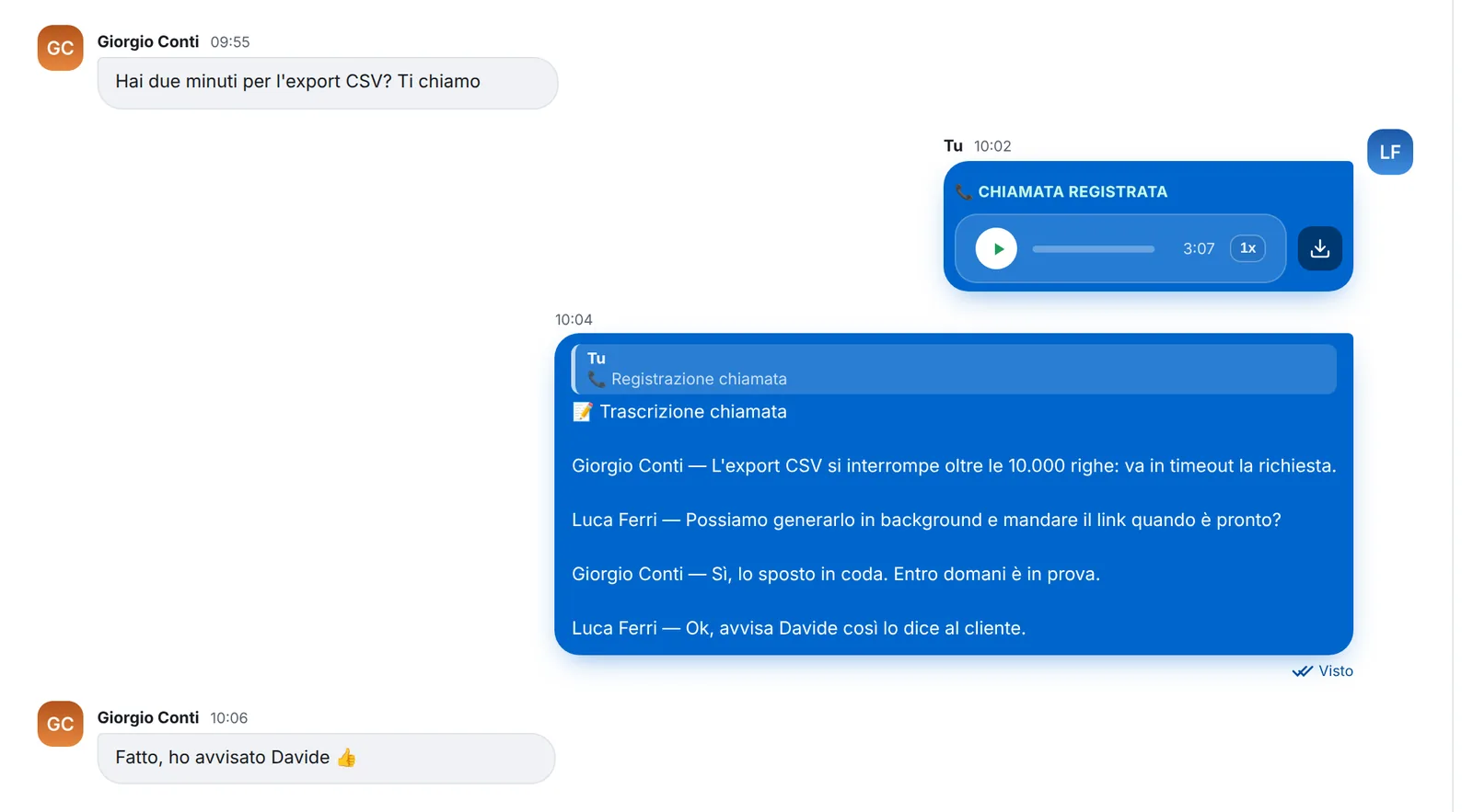 La chiamata registrata in chat e, in risposta, la trascrizione con i nomi di Giorgio e Luca.