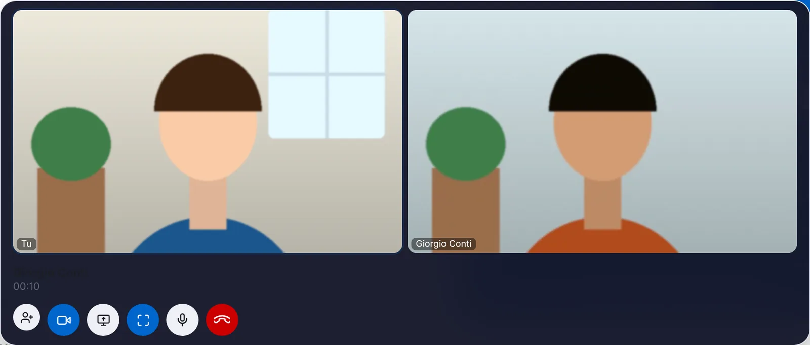 Videochiamata fra Luca e Giorgio, a tutto riquadro, con i tasti microfono, video, schermo, aggiungi persona e riaggancia.