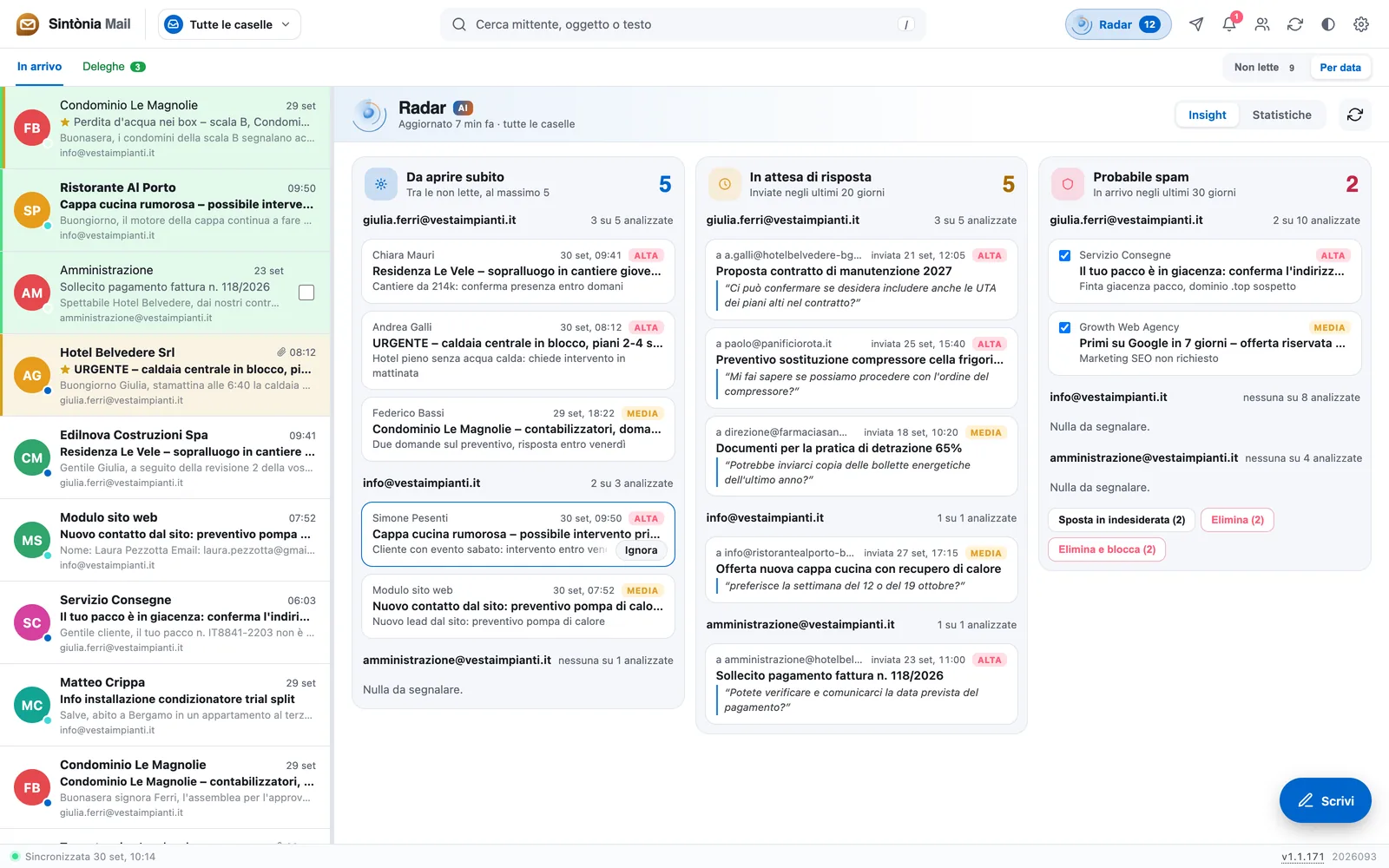 Sintònia Mail: a sinistra la posta di tutte le caselle, a destra il Radar AI con le mail da aprire subito, quelle in attesa di risposta e il probabile spam.