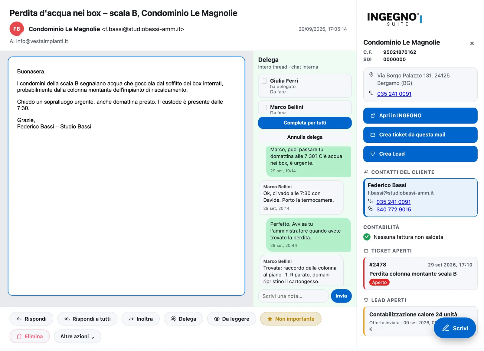 Una mail delegata a Marco, con la chat interna: «Ok, ci vado alle 7:30 con Davide».